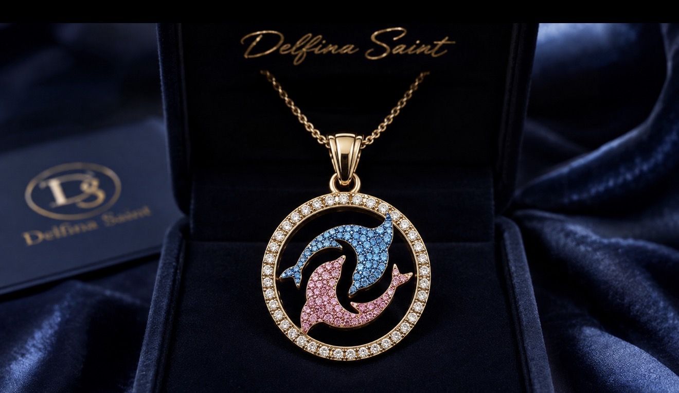Nai'a Halo Pendant on its gold chain inside the navy velvet DelfinaSaint presentation box