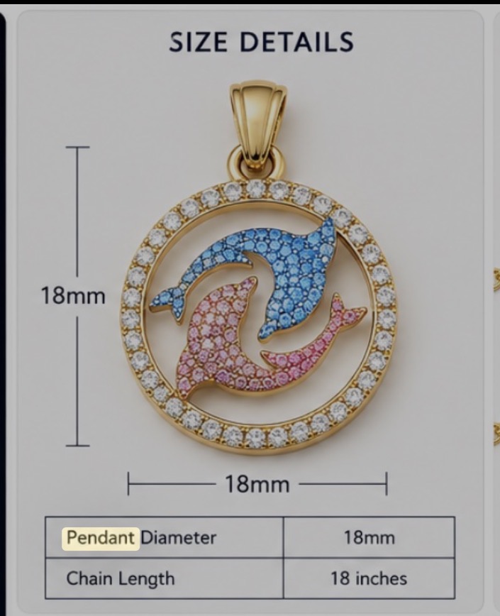Size details diagram: 18mm pendant diameter and 18 inch chain length